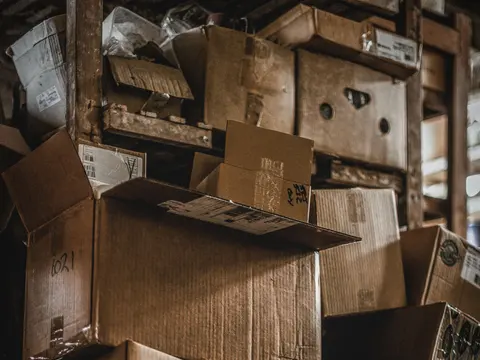 Packaged goods stacked and prepared for transport
